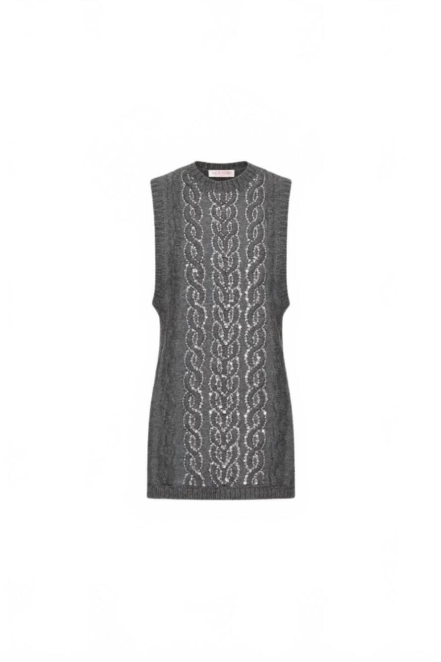 NEW VALENTINO GARAVANI women's embroidered wool top in antracite melange